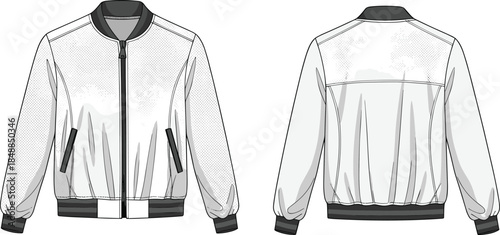 Bomber jacket technical flat sketch, front and back view, ribbed collar and cuffs, pleated back detail, fashion design vector illustration