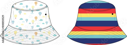 Bucket hats vector illustration, fashion accessory design, colorful patterns, hot air balloon and stripe styles, textile concept, apparel layout reference