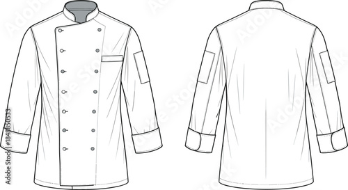 Chef’s jacket technical flat sketch, front and back view, double-breasted design, stand collar, sleeve pocket, fashion vector illustration