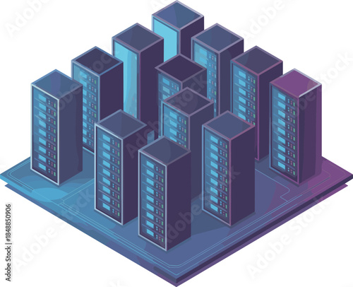 Isometric Neon Server Racks Array - Data Center and Cloud Computing Technology