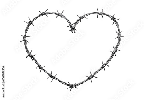 Barbed wire formed into heart shape silver metal frame, isolated on a transparent background