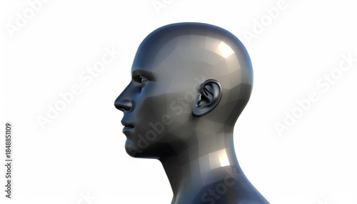 futuristic human head sculpture with smooth reflective surface and detailed facial features in