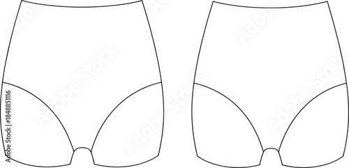 High-waisted women’s underwear technical flat sketch, front and back view, curved seam design, fashion garment construction vector illustration