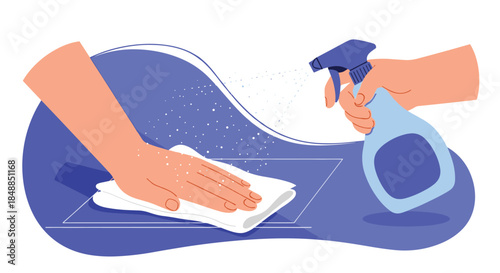Hands cleaning and disinfecting a surface with a spray bottle and cloth, promoting hygiene and cleanliness in a flat vector style.