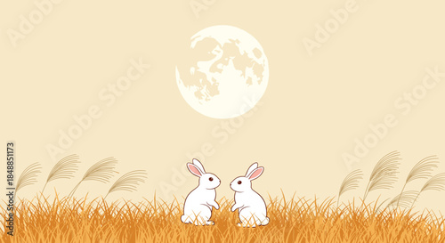 Two white rabbits gazing at the full moon in a field of pampas grass, illustrating the Japanese Mid-Autumn Festival, Tsukimi.