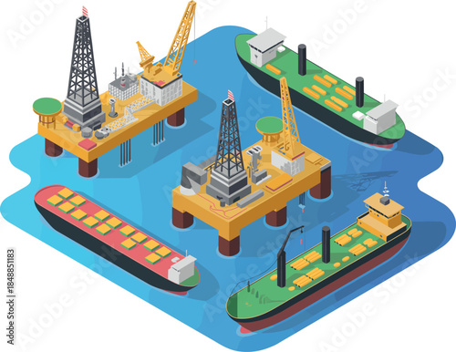 Isometric Offshore Oil and Gas Industry: Drilling Platforms and Petroleum Tanker Ships on the Ocean