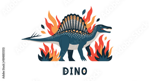 Stylized illustration of a spinosaurus dinosaur surrounded by flames, with the word 'DINO' below in a decorative folk-art style.