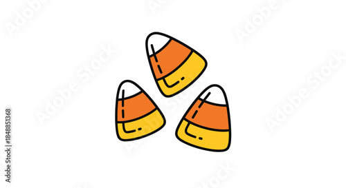 Simple illustration of three pieces of candy corn, a classic Halloween treat, depicted in a cute and minimalist doodle style.