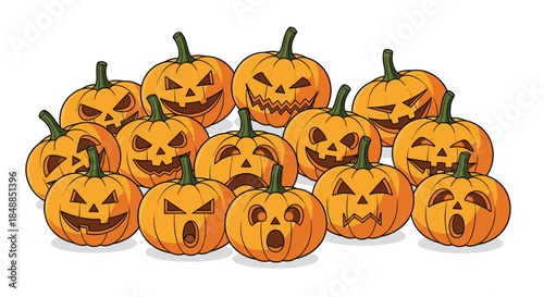 Large group of carved Halloween pumpkins with a variety of funny, spooky, and scary facial expressions in a cartoon line art style.