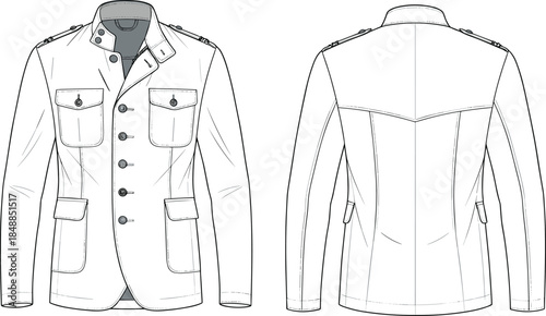Men’s military-style jacket technical flat sketch, front and back view, stand collar, flap pockets, epaulets, fashion design vector illustration