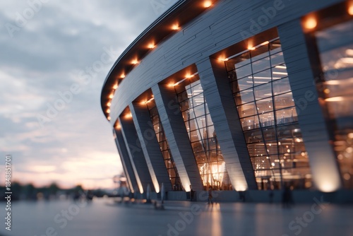 Modern architectural structure glows with warm interior lights during the evening twilight