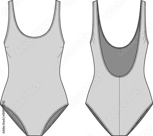One-piece swimsuit technical flat sketch, front and back view, scoop neckline, high-cut leg, minimal seam design vector illustration