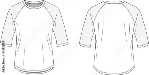 Raglan sleeve t-shirt technical flat sketch, front and back view, short sleeve fashion design, garment construction vector illustration