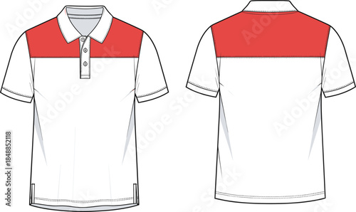 Short-sleeved polo shirt technical flat sketch, front and back view, button placket, contrast yoke, fashion design vector illustration