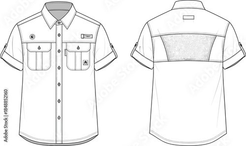 Short-sleeve shirt vector illustration, fashion design sketch, front and back views, rolled sleeves, mesh panel, chest pockets, garment construction layout
