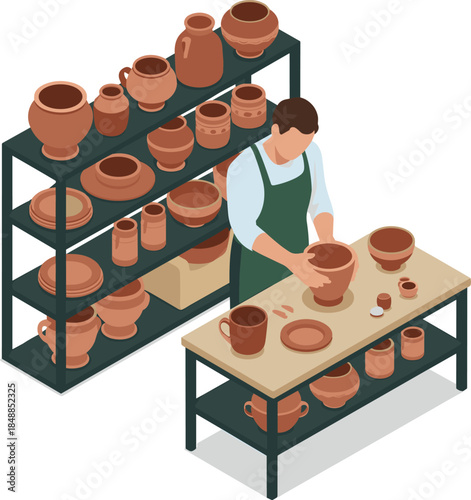 Isometric Potter Working in Studio with Shelves Full of Traditional Terracotta Clay Pottery and Ceramic Crafts