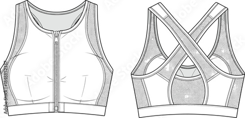 Sports bra vector illustration, fashion design sketch, front and back views, zipper closure, crisscross straps, mesh panels, racerback cut, garment layout