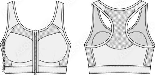 Sports bra vector illustration, fashion design sketch, front and back views, zipper closure, mesh panels, racerback style, garment construction layout