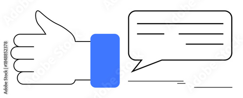Hand with thumbs-up and speech bubble representing positive feedback, social interaction, and approval. Ideal for communication, feedback, agreement, teamwork, social media, conversation review