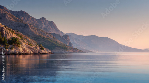 A breathtaking seascape showcasing the serene coastal mountains. The calm sea perfectly mirrors the tranquil sky, creating a stunning visual display