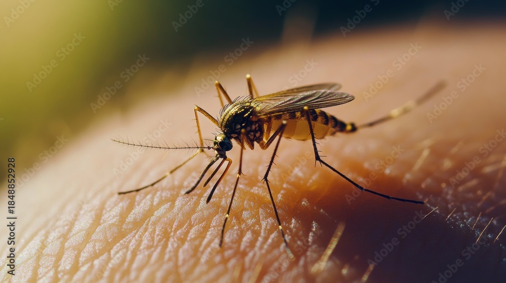 custom made wallpaper toronto digitalClose-up of a mosquito biting into human skin with focus on the proboscis and body.