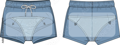Swim trunks with internal brief lining technical flat sketch, front and back view, drawstring waistband, contour fit, vector illustration