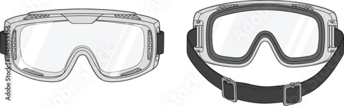 Protective safety goggles front and angled view, clear lens eyewear with adjustable strap, technical vector illustration for eye protection