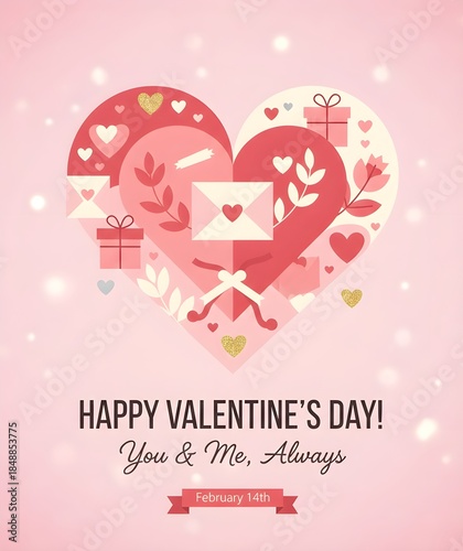 graphic heart featuring pink envelopes gifts and leaves saying happy valentine's day.