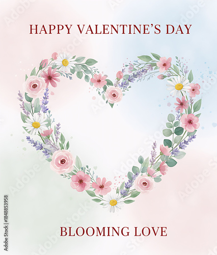 An elegant watercolor wreath of wildflowers and roses shaped into a delicate heart.