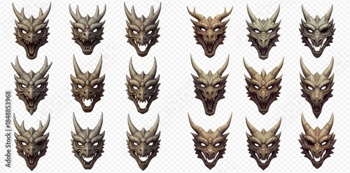 Collection of various dragon head illustrations with different expressions and horn styles on a transparent background.