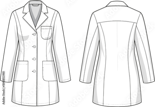 Women’s lab coat vector illustration, fashion design sketch, front and back views, notched collar, patch pockets, princess seams, garment construction layout