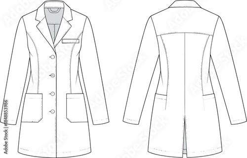 Women’s lab coat vector illustration, fashion design sketch, front and back views, notched collar, patch pockets, yoke detail, back vent, garment layout