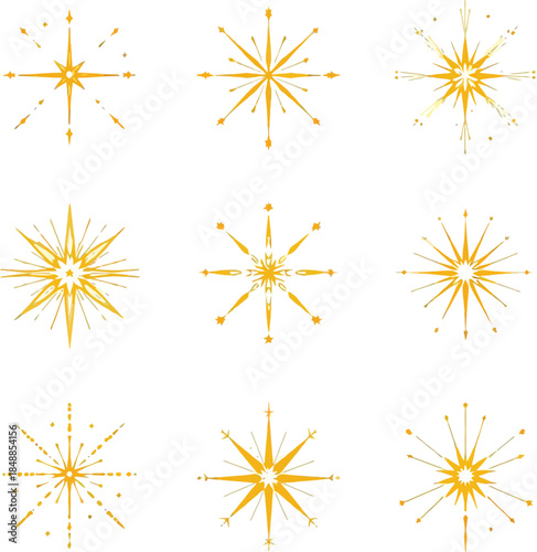 Golden starburst icon set with radiant abstract rays and decorative bursts for celebration, holiday, and design themes