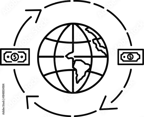 Global finance icon with globe, dollar bills, and arrows representing international trade, economy, and money flow