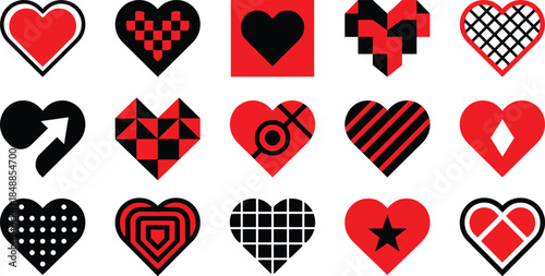 A captivating collection of stylized red and black heart icons with diverse patterns and symbols