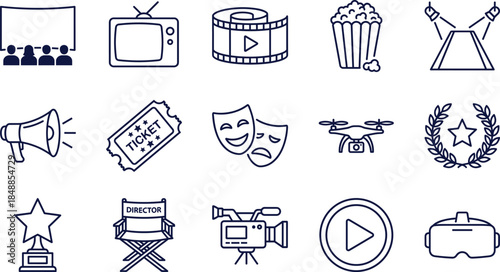 Cinema and movie line icon set featuring theater, television, film, popcorn, ticket, masks, drone, trophy, director chair, and video camera.