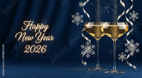 Two champagne glasses on a dark blue background with snowflakes and ribbons. Happy New Year 2026. Celebration and festive atmosphere, good luck concept.