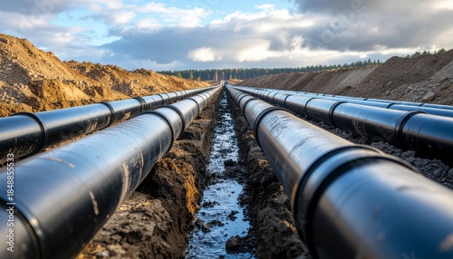 Long Pipelines Laid in Open Trench at a Construction Site for Industrial Project