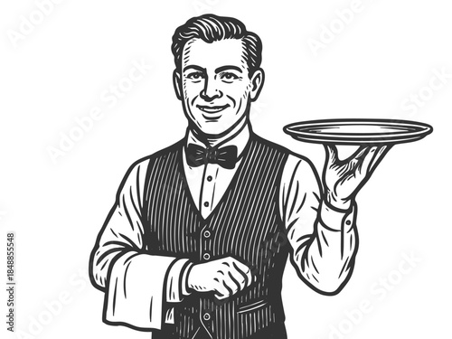 smiling male waiter in uniform holding an empty serving tray with confident posture sketch engraving generative ai fictional character vector illustration. Scratch board imitation. Black and white.