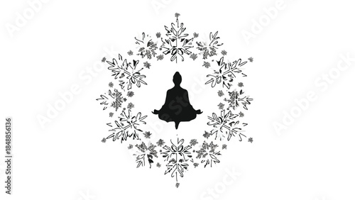 Serene silhouette meditating within a beautiful floral mandala, embodying peace and tranquility.