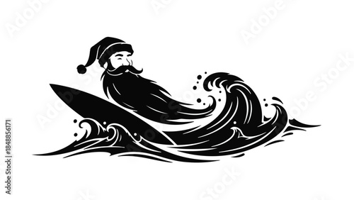 Whimsical Santa surfing a wave with his beard flowing like the ocean