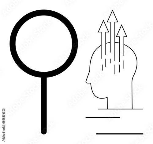 Innovation concept. Magnifying glass exploring ideas and human head with upward arrows creative growth. Innovation as key for research, education, and business. Ideal for technology, development