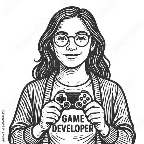 young woman and game controller, game development, coding, and creative tech careers sketch engraving generative ai fictional character vector illustration. Scratch board imitation. Black and white.