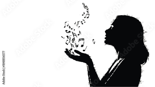 Silhouette of a woman with musical notes flowing from her hands, symbolizing creative expression and imagination.