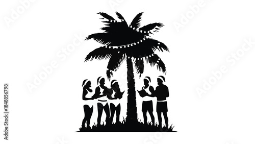 People in festive attire gathered under a decorated palm tree, celebrating the holidays in a tropical setting.