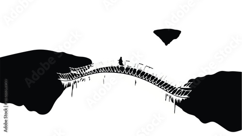 Lone figure walks across a skeletal bridge to a floating island in a stark, minimalist landscape.