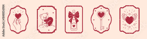 Cute valentine day card design with love and heart symbols, happy mood.Creative concept with frames filled with love elements in red tones, vector illustration for web, graphic, and digital use.