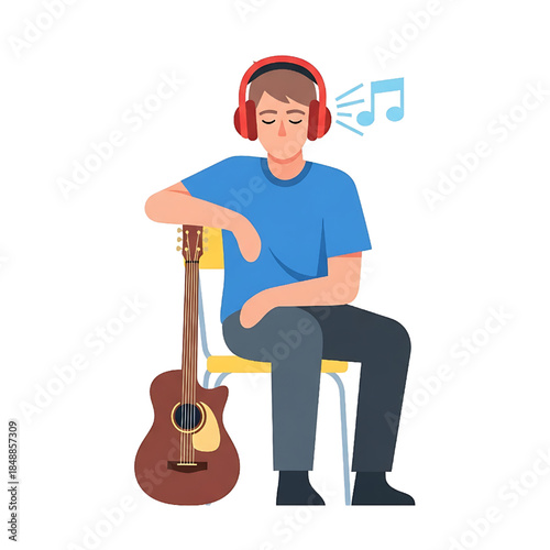 Young man with headphones listening to music next to an acoustic guitar