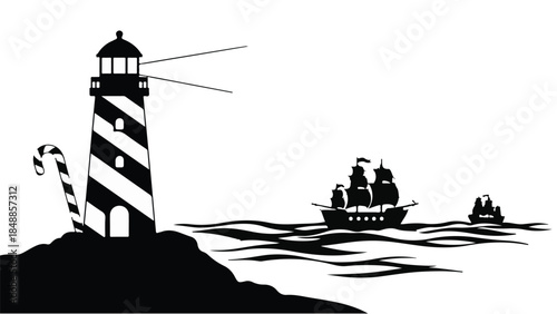 Lighthouse guides sailing ship through ocean waves towards distant islands