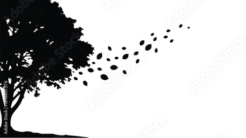Silhouette of a tree with leaves blowing away in the wind against a white background